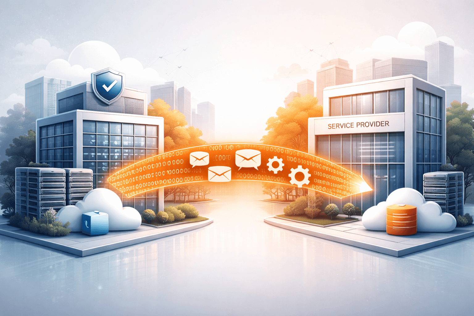 Illustration zum Datentransfer zwischen Unternehmen und Service Provider – Symbol für die Auftragsverarbeitung nach Art. 28 DSGVO