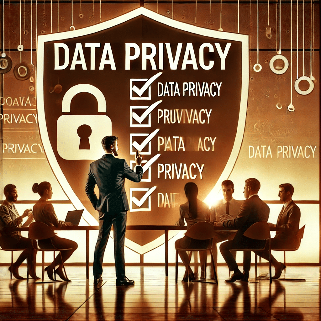Schild mit der Aufschrift "Data Privacy" vor dem Mitarbeiter sitzen