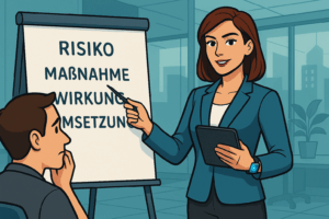 agentin cipher erklärt an einem flipchart risiken und gegenmassnahmen