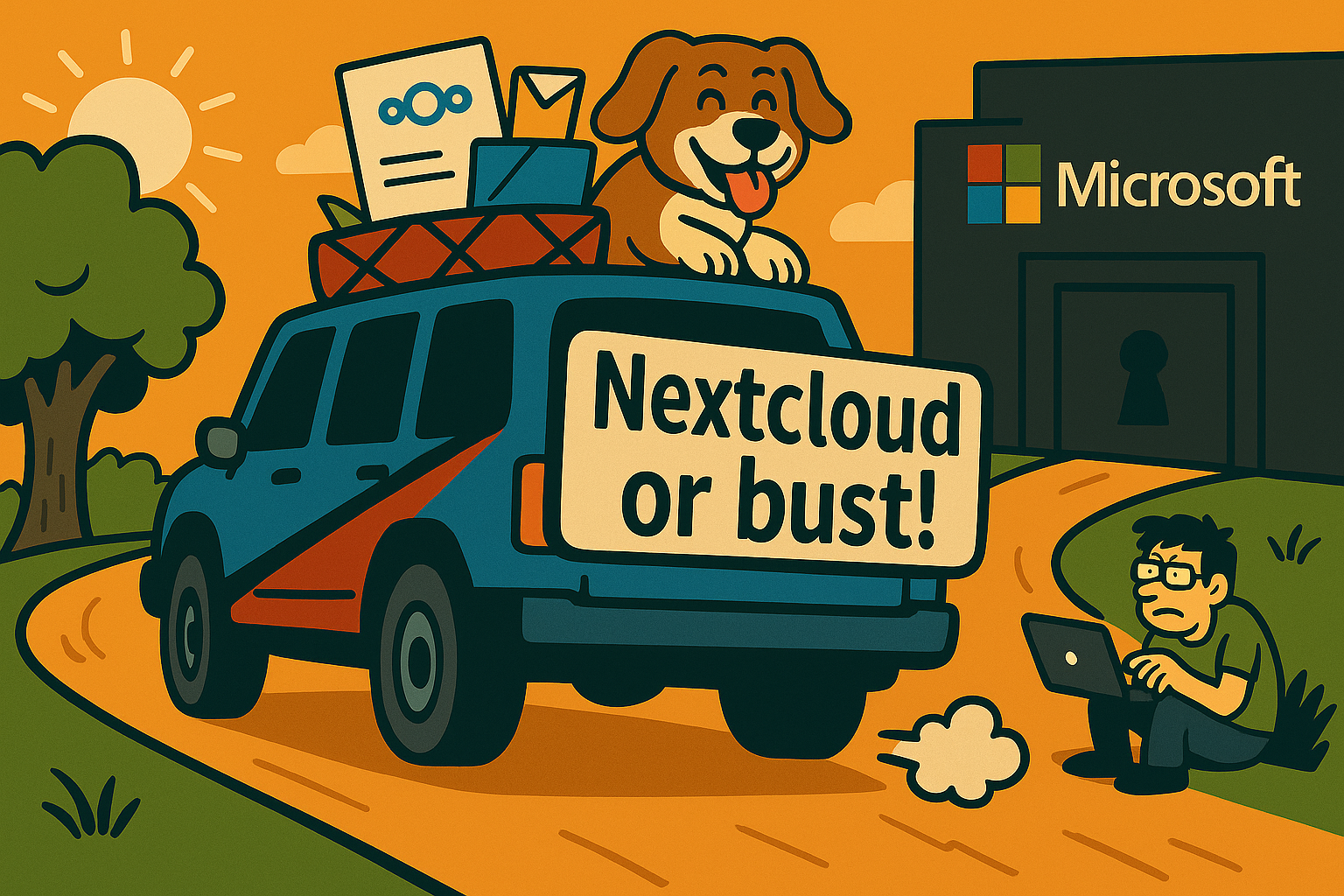 Ein Van mit einem Hund auf dem Dach und einem großen Schild "Nextcloud" fährt an einem Rechenzentrum von Mircosoft vorbei. Davor sitzt ein frustrierter Anwender.