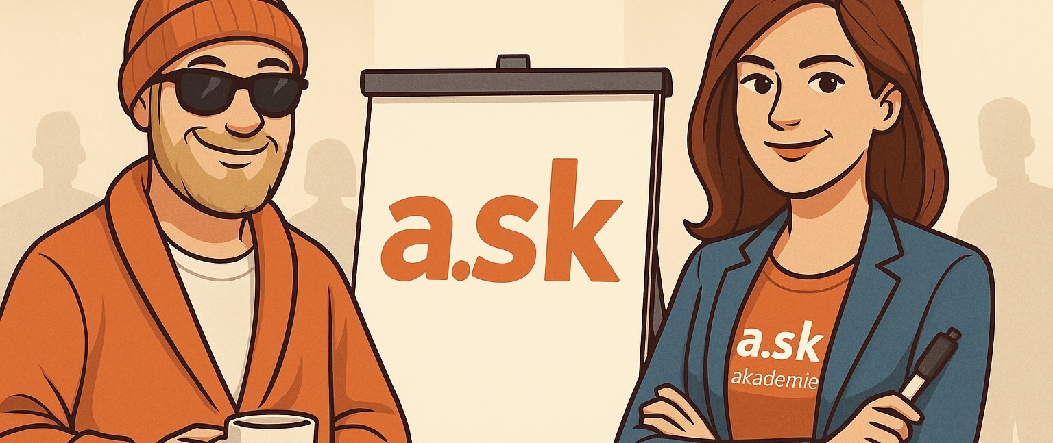 Der Datenschutz Dude steht entspannt und schaut auf Agentin Cipher vor einem Flipchart mit der Aufschrift "ask" - Bild im Comicstil