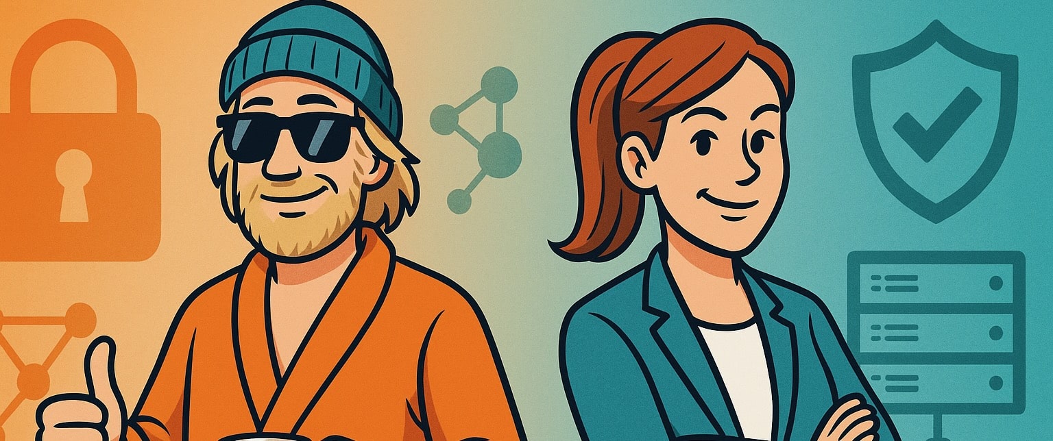 dude und cipher stehend nebeneinander vor hintergrund mit technischen symbolen breit
