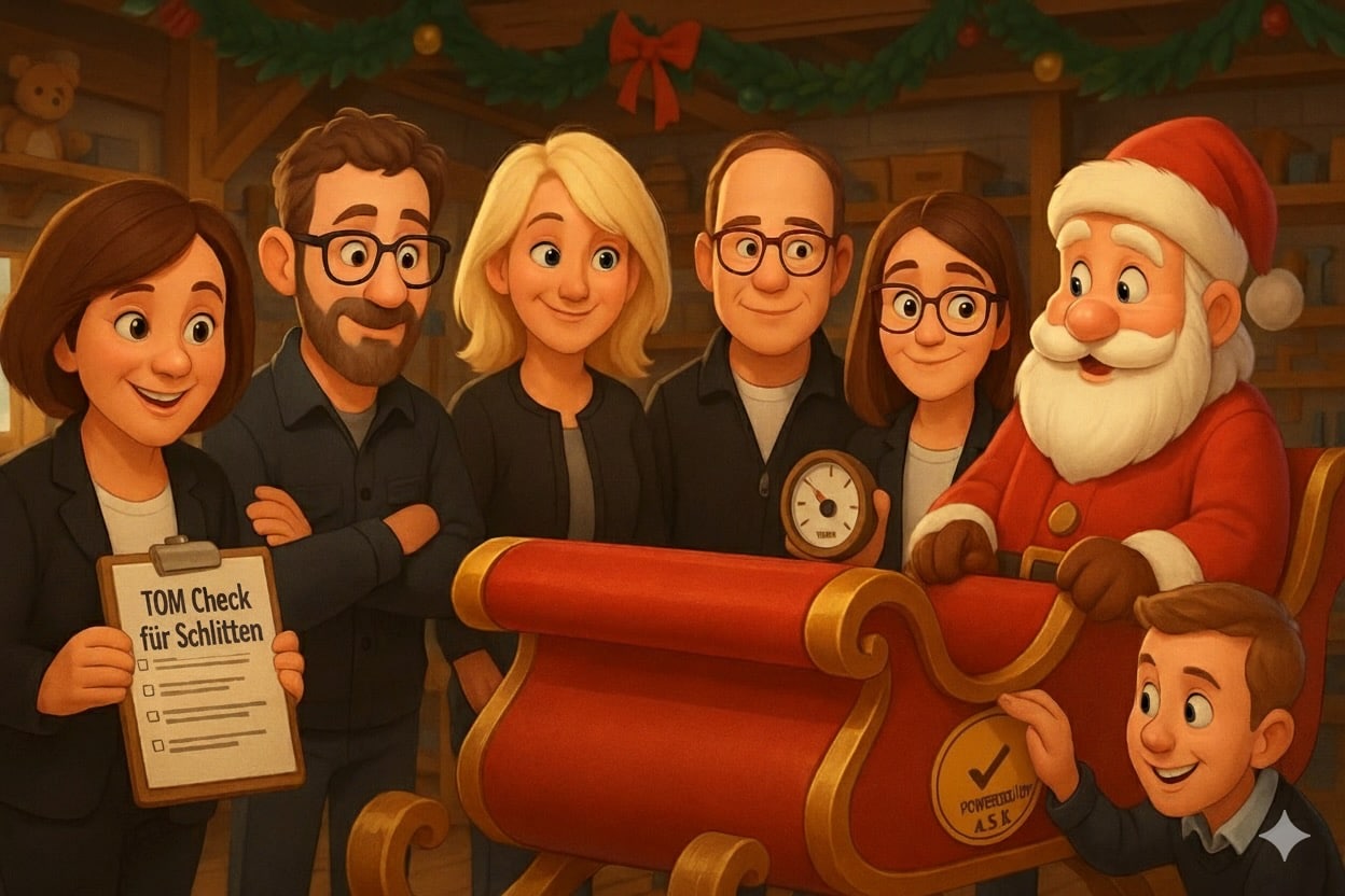 Das Team von ask Datenschutz steht um den Schlitten des Weihnachtsmanns herum und prüft dessen Sicherheit. Ein Siegel wird vergeben.