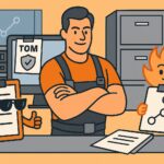 Mann steht mit verschränkten Armen vor TOM-Checklisten und Computer Hardware