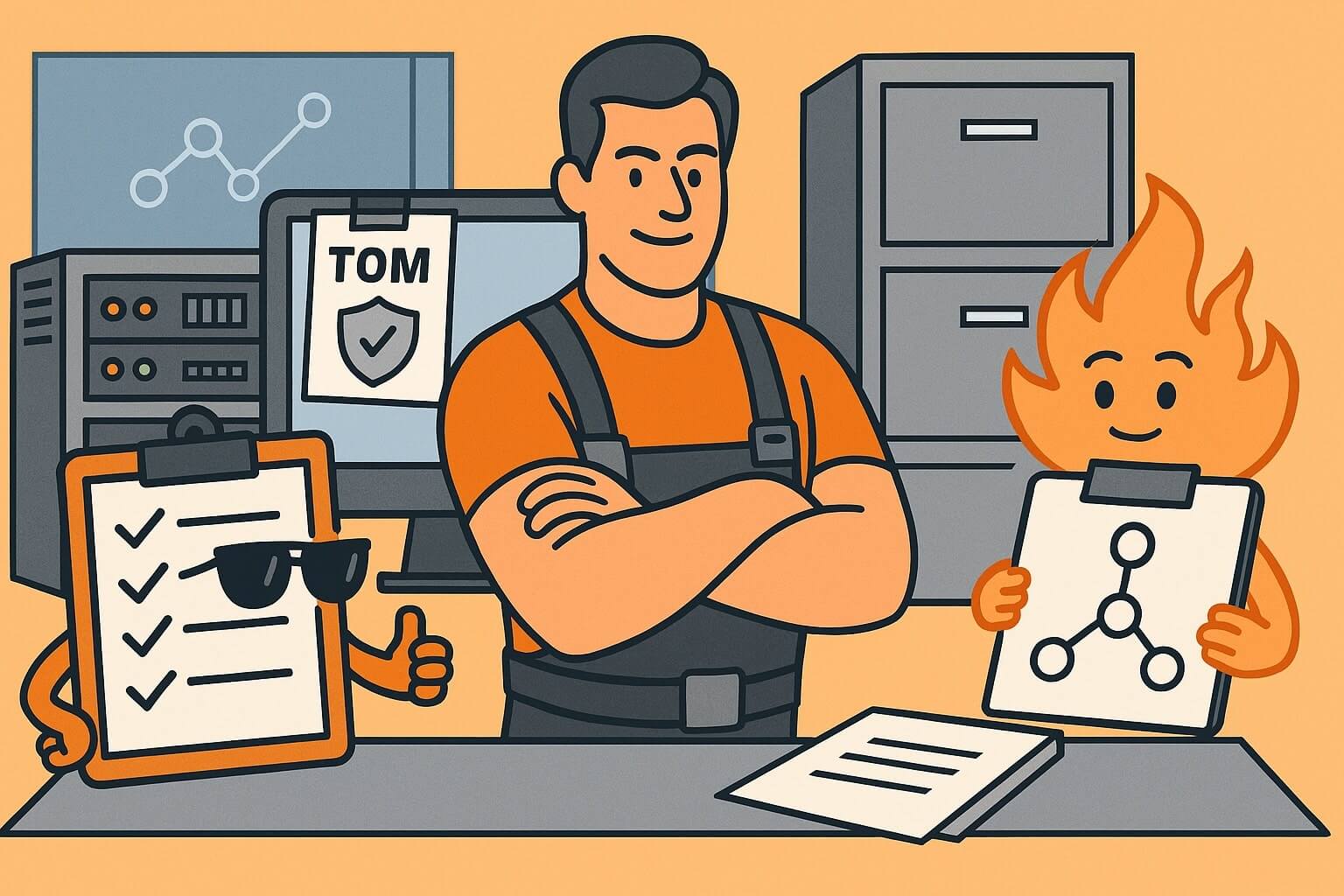 Mann steht mit verschränkten Armen vor TOM-Checklisten und Computer Hardware