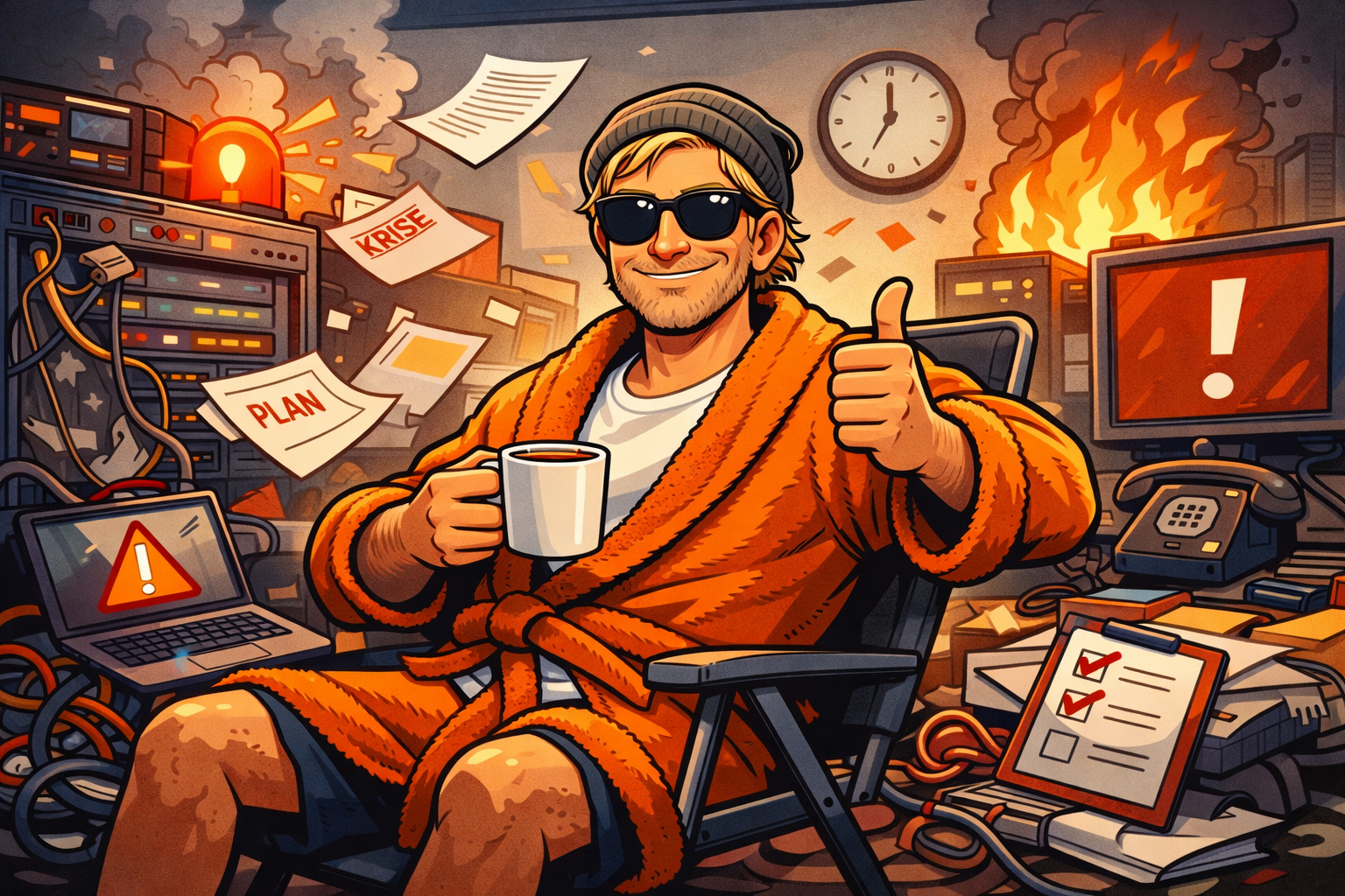 datenschutz dude sitzt entspannt im notfall chaos