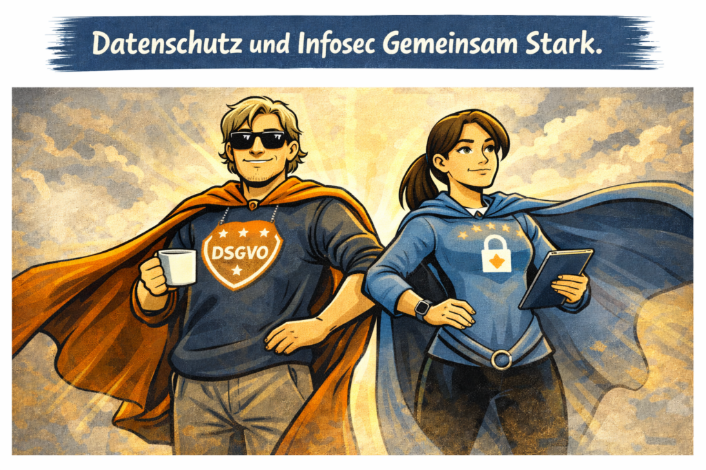 datenschutz dude und cipher in superheld pose gemeinsam stark