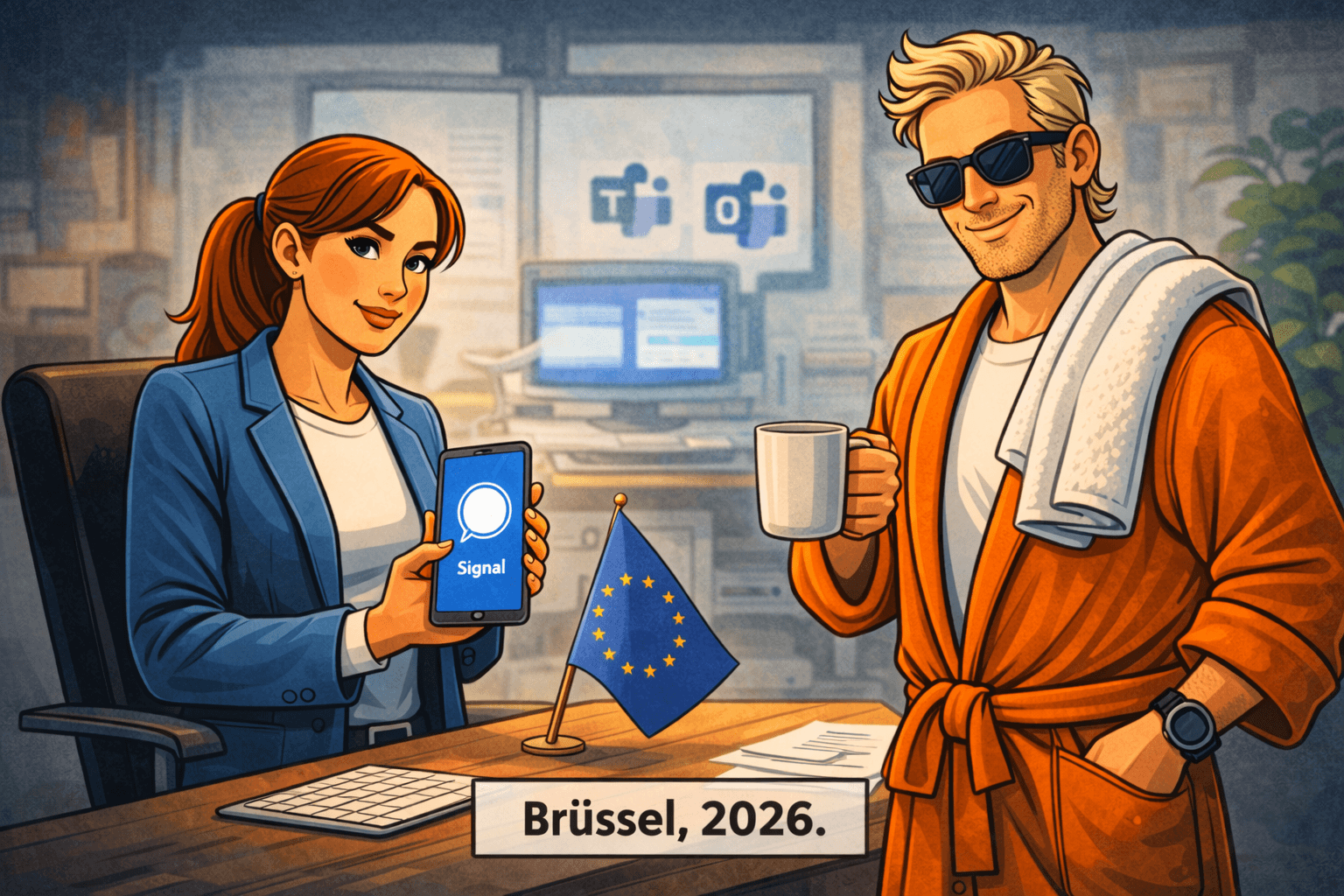 Agentin Cipher hält ein Smartphone mit der Signal-App, der Datenschutz Dude steht im Bademantel mit Saunatuch daneben – im Hintergrund Microsoft Teams und Outlook, auf dem Tisch eine EU-Flagge. Untertitel: Brüssel, 2026