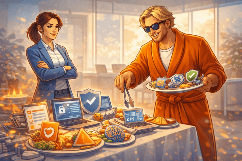 Datenschutz Dude am Schulungs-Buffet und Agentin Cipher – Flatrate für Mitarbeiterschulungen in Datenschutz und Informationssicherheit