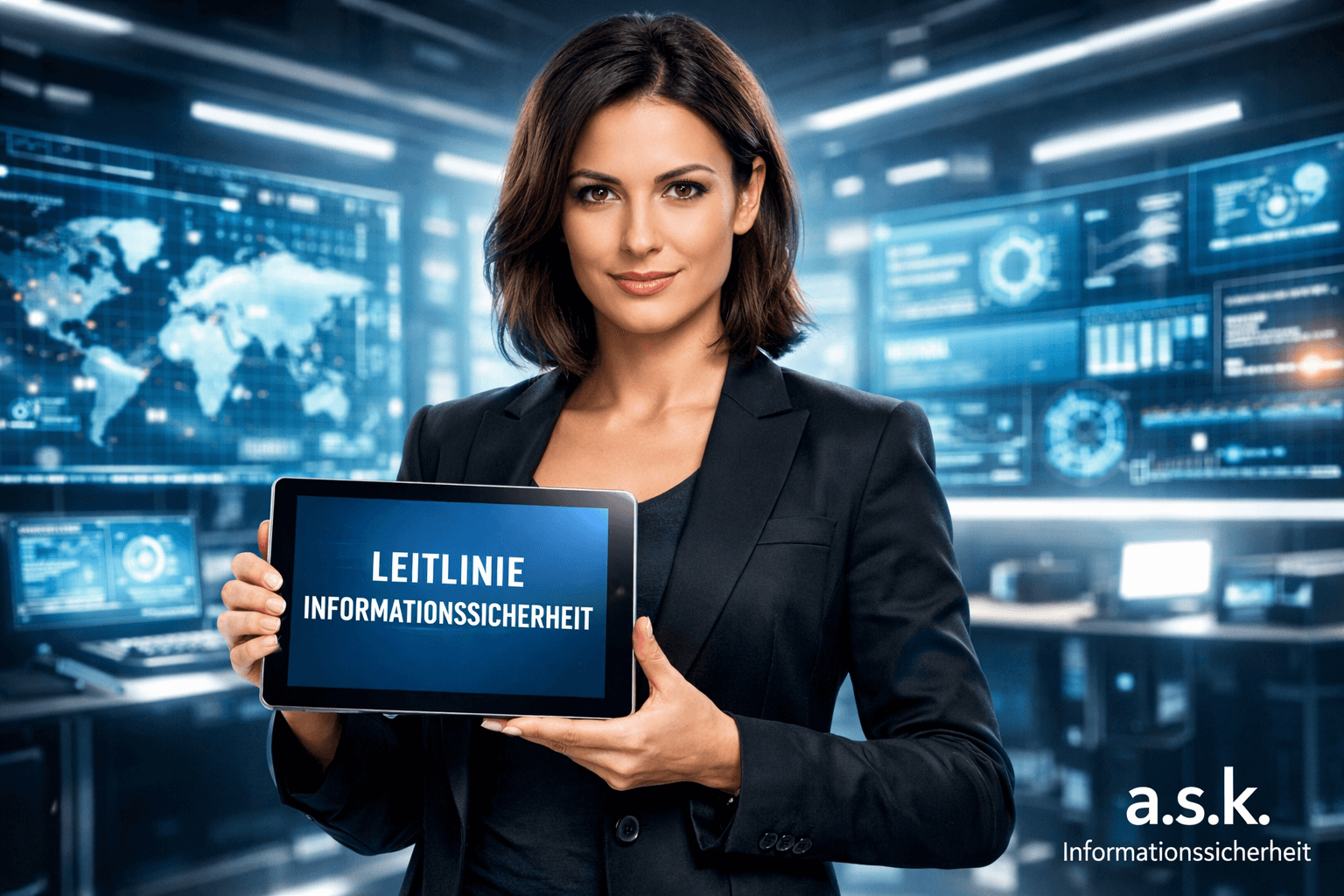 Agentin Cipher präsentiert die Muster-Leitlinie Informationssicherheit von a.s.k. Informationssicherheit in einem modernen Kontrollzentrum.