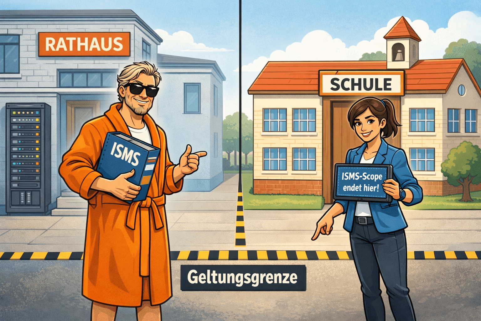 Der Datenschutz Dude im Bademantel vor dem Rathaus und Cipher vor der Schule markieren die Geltungsgrenze des ISMS-Scope.
