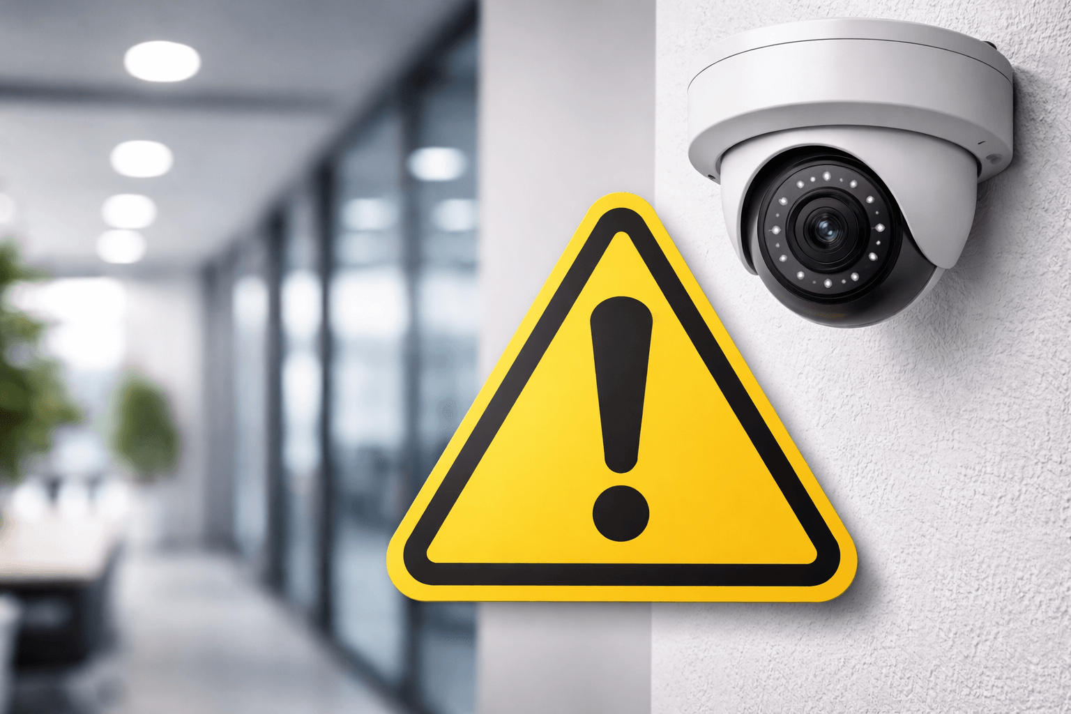 Moderne Überwachungskamera an einer Bürowand neben einem gelben Warnschild – Symbol für die Informationspflicht bei Videoüberwachung