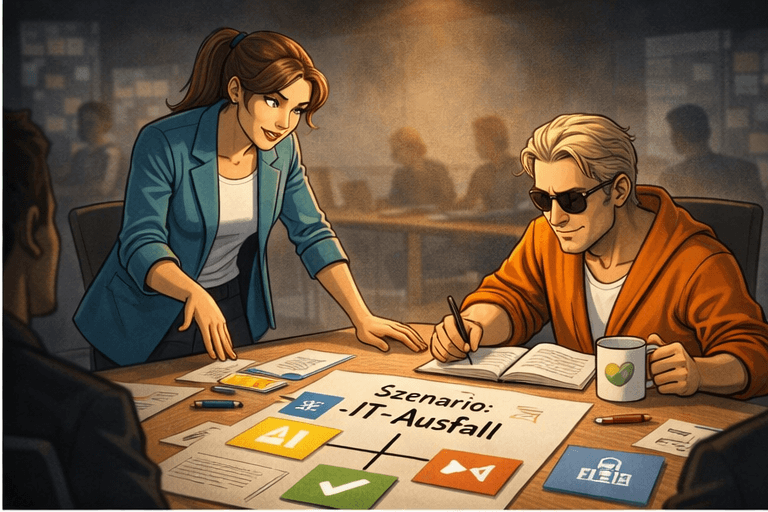 Agentin Cipher moderiert eine Tabletop-Übung am Konferenztisch. Der Datenschutz Dude schreibt konzentriert mit – Sonnenbrille auf, Kaffeetasse in der Hand. Auf dem Tisch: "Szenario: IT-Ausfall".