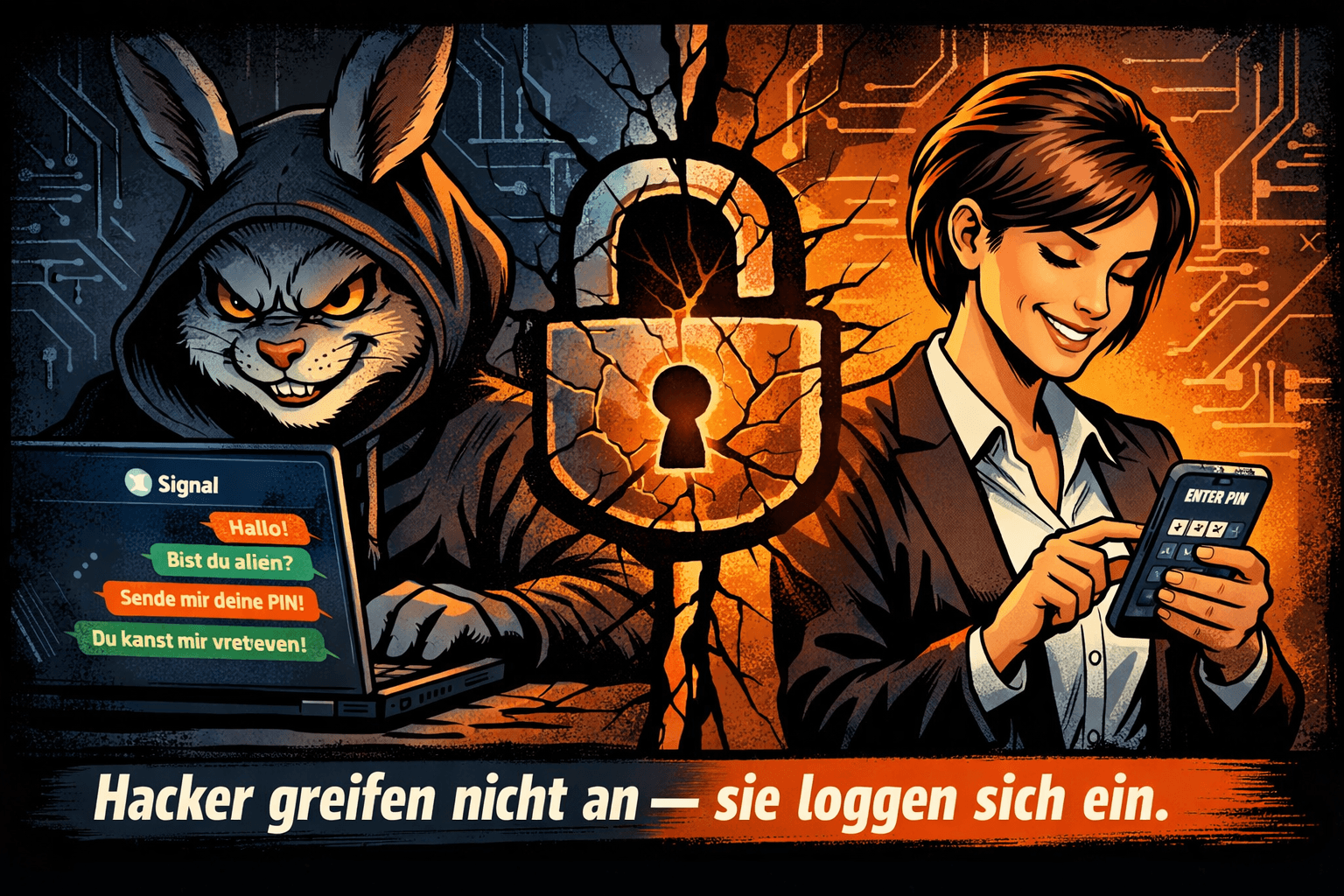 Comic-Illustration: Osterhase als Phishing-Angreifer am Laptop, ahnungslose Frau tippt Signal-PIN ins Smartphone – Hacker greifen nicht an, sie loggen sich ein