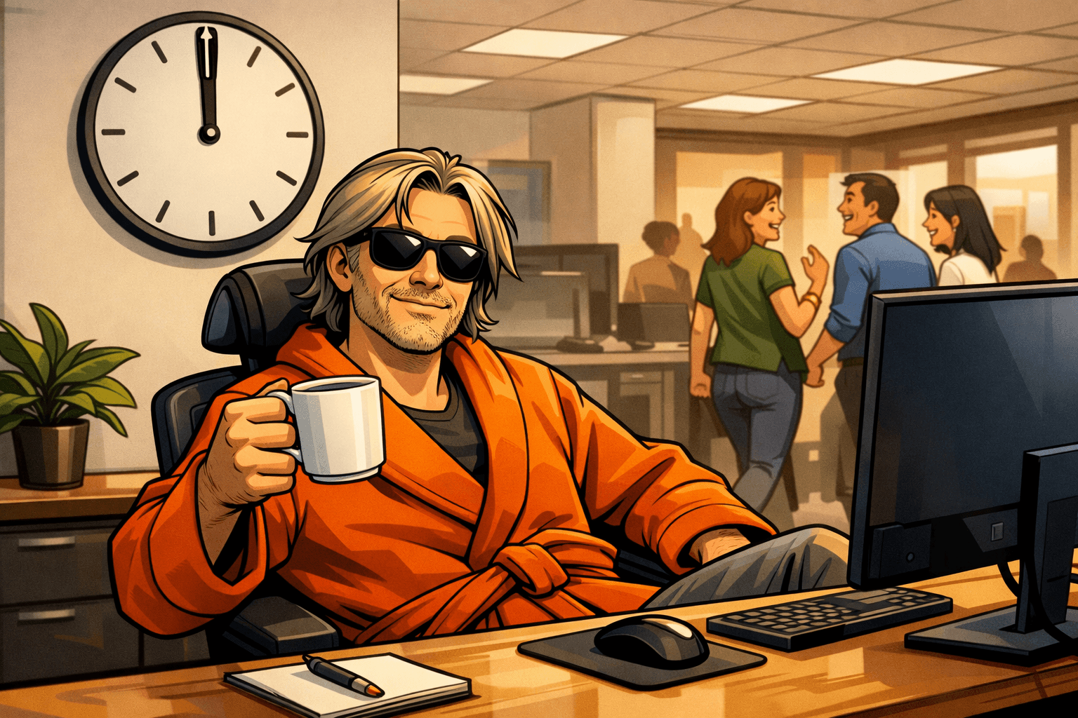 Datenschutz Dude mit Kaffeetasse am Schreibtisch, während um 12 Uhr die Mittagspause im Büro beginnt.