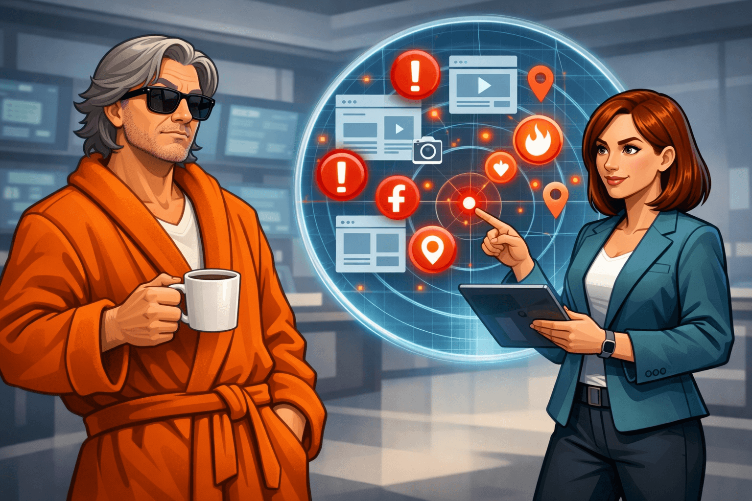Illustration von Datenschutz Dude und Agentin Cipher vor einem Datenradar, das riskante Meta-Tracking-Tools auf einer Website sichtbar macht; warnende Szene zu DSGVO-Risiken und möglichen vierstelligen Schadensersatzsummen für Websitebetreiber