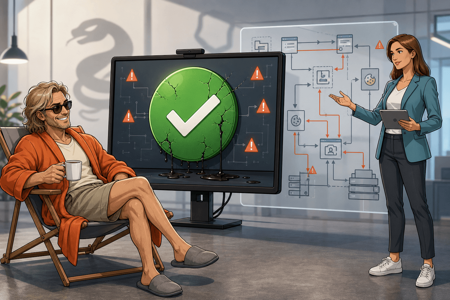 dDatenschutz Dude und Agentin Cipher vor einem Monitor mit grüner Ampel-Anzeige, hinter der sich riskante Datenflüsse verbergen – Symbolbild für Webseiten-Scanner und DSGVO-Compliance