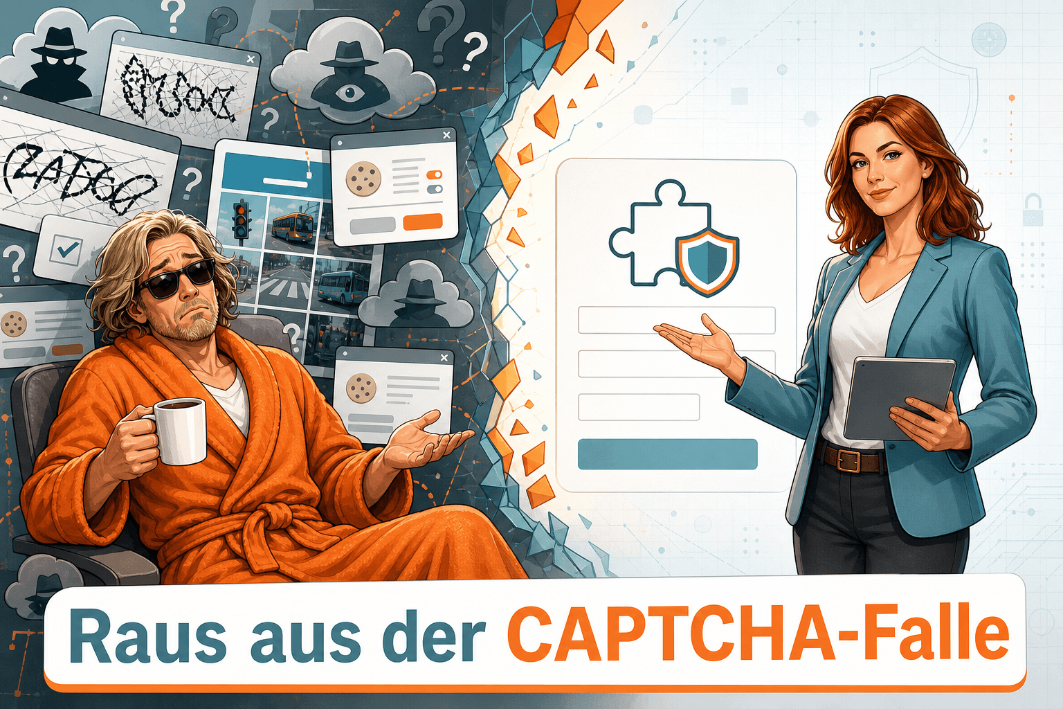 Datenschutz Dude steckt im Chaos aus klassischen CAPTCHAs, während Agentin Cipher neben einem klaren Formular und einem eigenen ALTCHA/GateCHA-Symbol den Ausweg zeigt.
