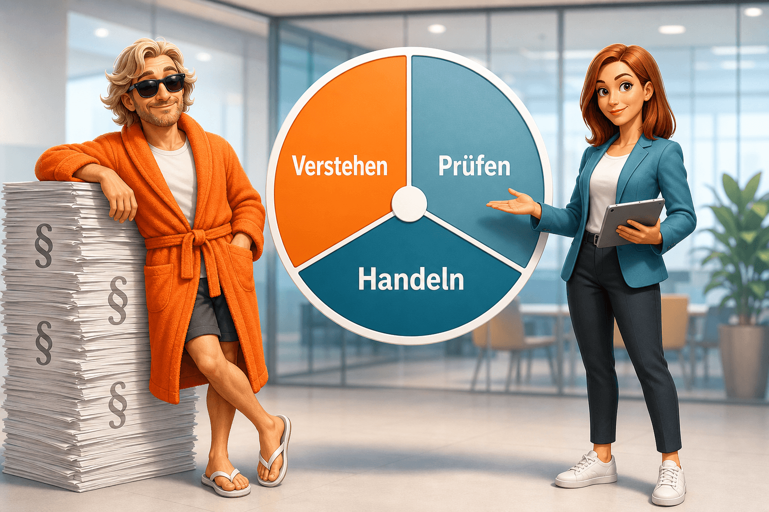 Illustration zum NIS2-Chefcheck: Datenschutz Dude lehnt entspannt an einem Paragraphen-Stapel, Agentin Cipher erklärt den Kreis „Verstehen – Prüfen – Handeln“ als Schritte für Geschäftsführungen zur NIS2-Umsetzung.